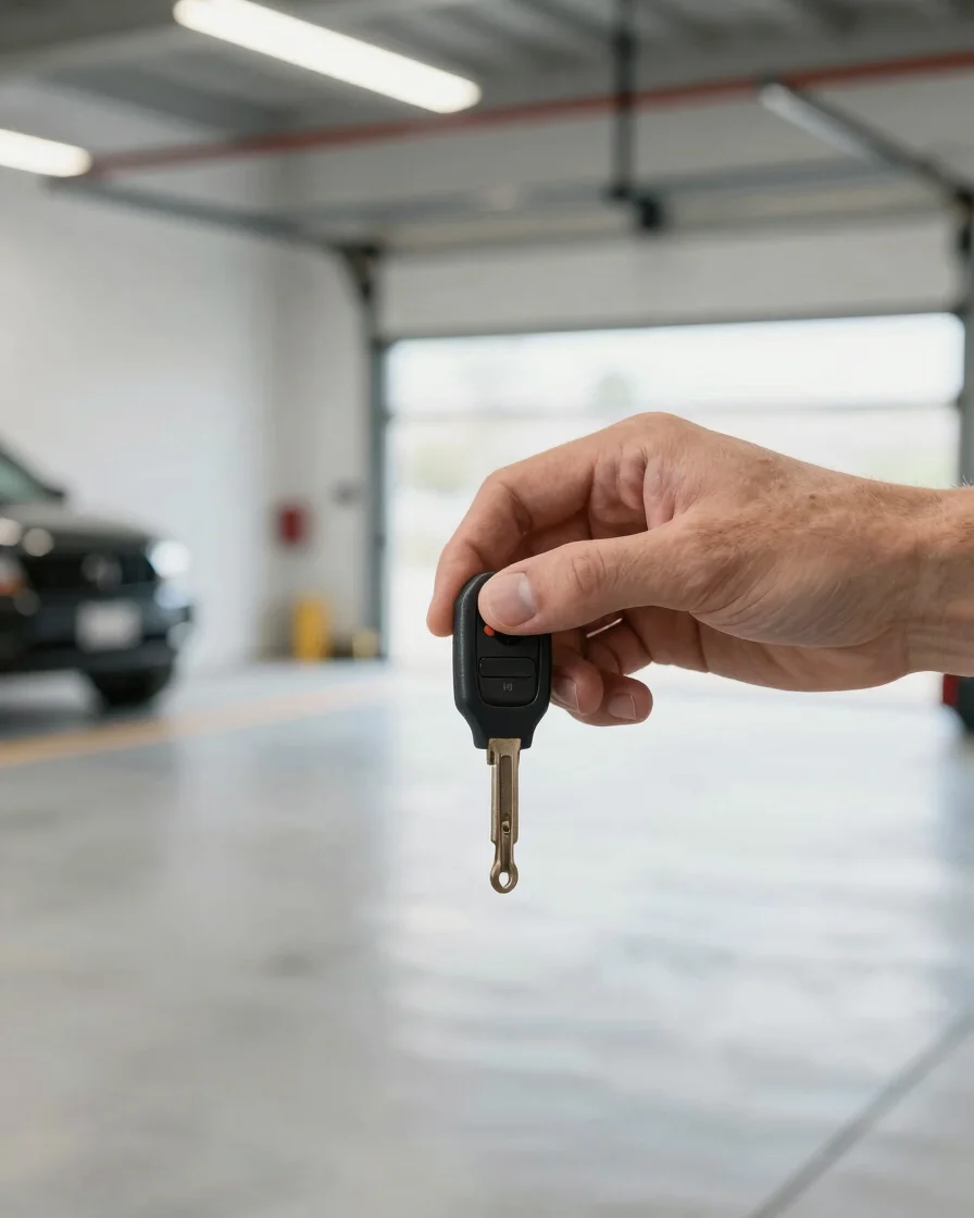 Close-up of a professional's hand holding a garage key or re